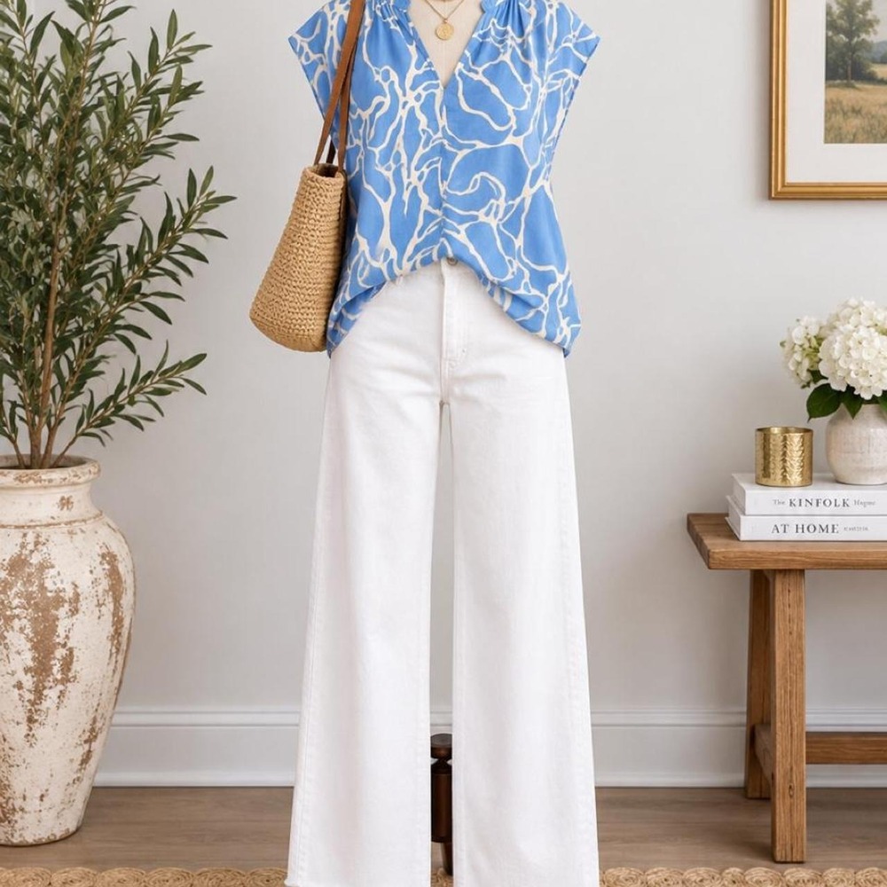 H&M Blue & White Abstract Print Blouse – Size M